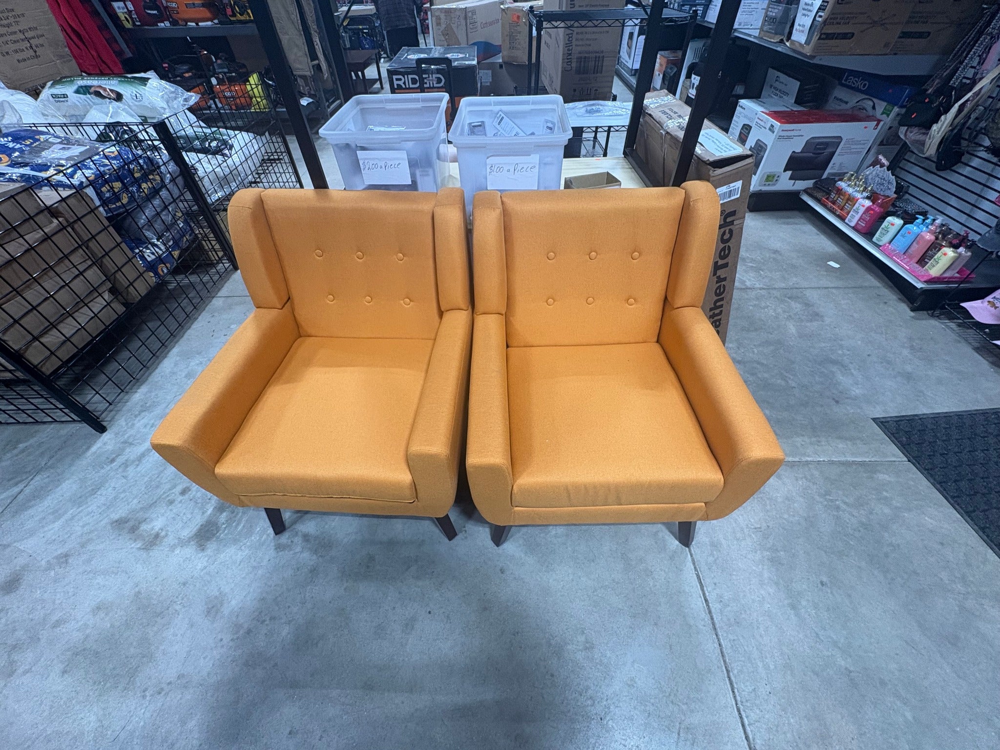 Brand new Mid-Century Modern Button Orange Linen Accent Arm Chair (set of 2)