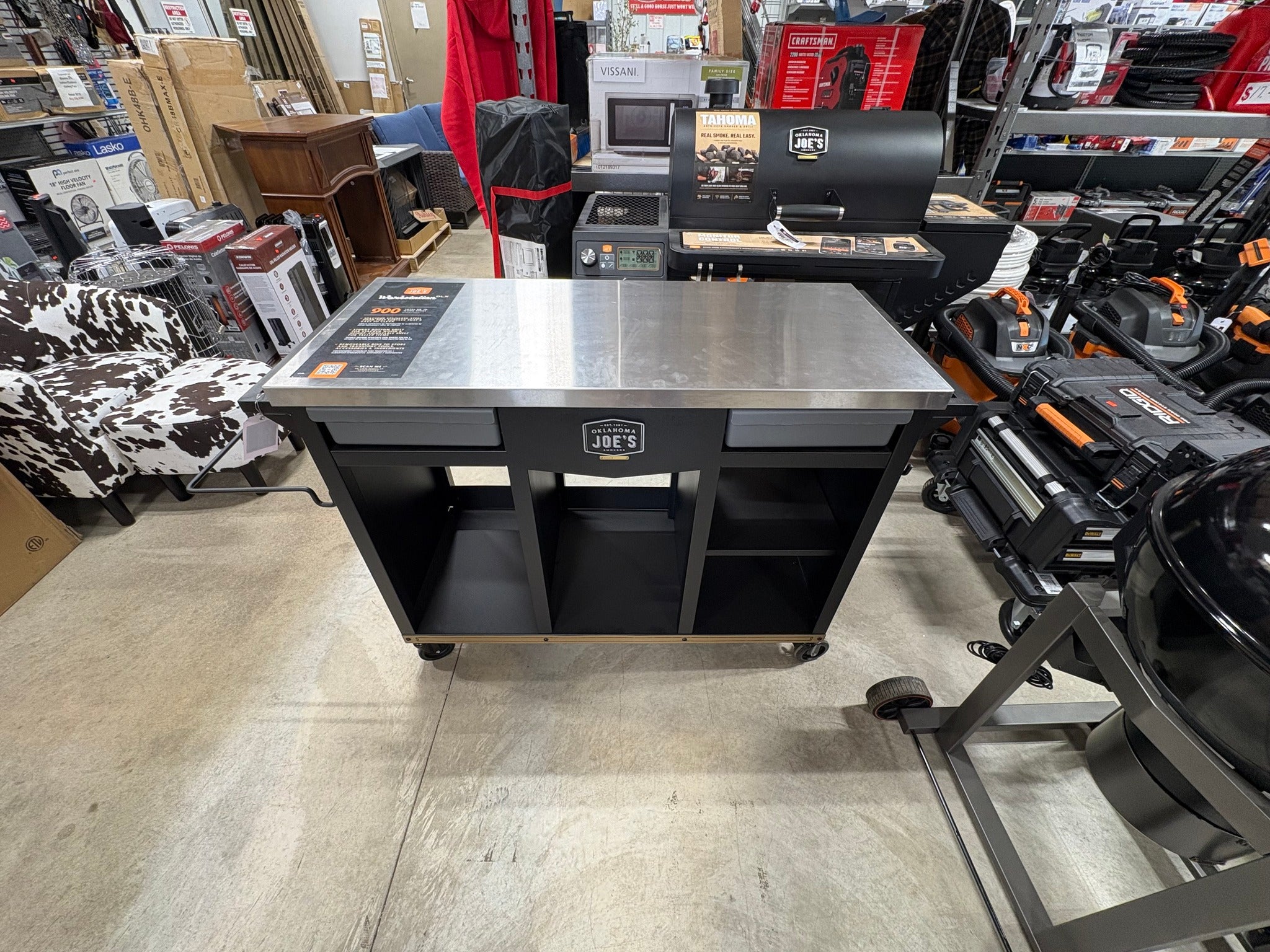Brand new and assembled OKLAHOMA JOE'S DLX Workstation Prep and Storage Rolling Outdoor Grill Cart with 900 sq. in. Surface in Black