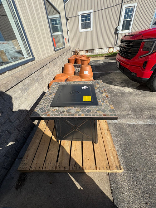 Brand new and fully assembled Hampton Bay Crossridge 30.00 in. W 50000 BTU Steel Propane Outdoor Fire Pit Table with Lava Rocks and Screen