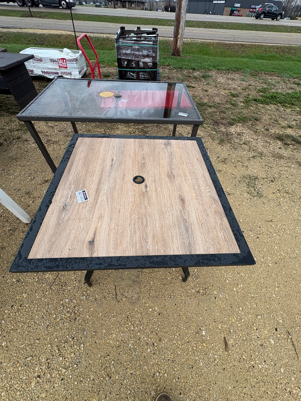 Brand new Metal Outdoor Table with Wood Grain Top, 37" x 37"