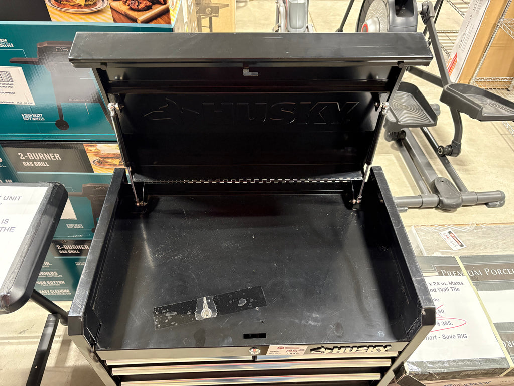 Brand new Husky Tool Storage 26 in. W x 16 in. D 5-Drawer Gloss Black Top Tool Chest. Has scratches and dents, see pictures
