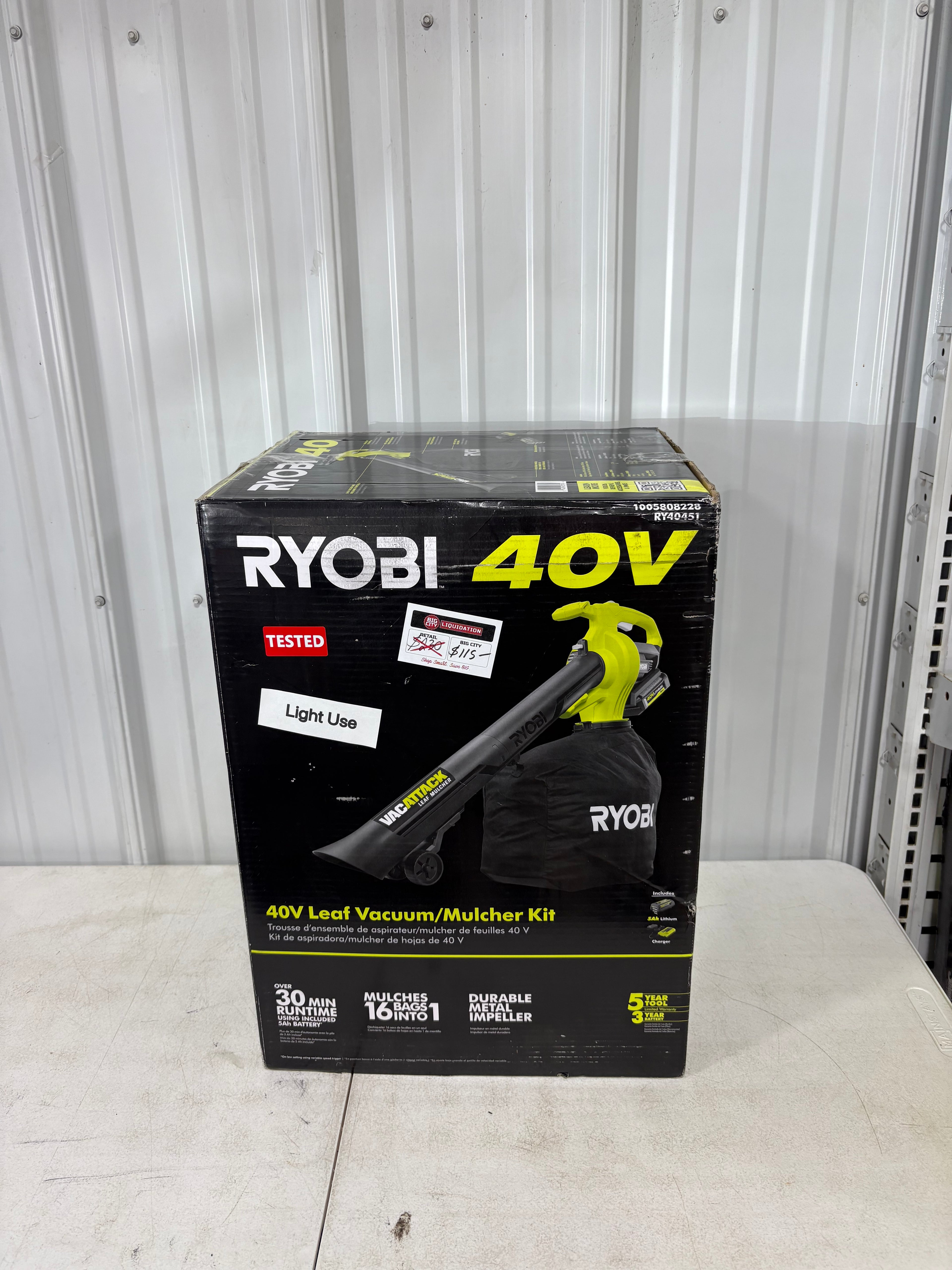 Lightly Used RYOBI 40V Vac Attack Cordless Leaf Vacuum/Mulcher with 5.0 Ah Battery and Charger