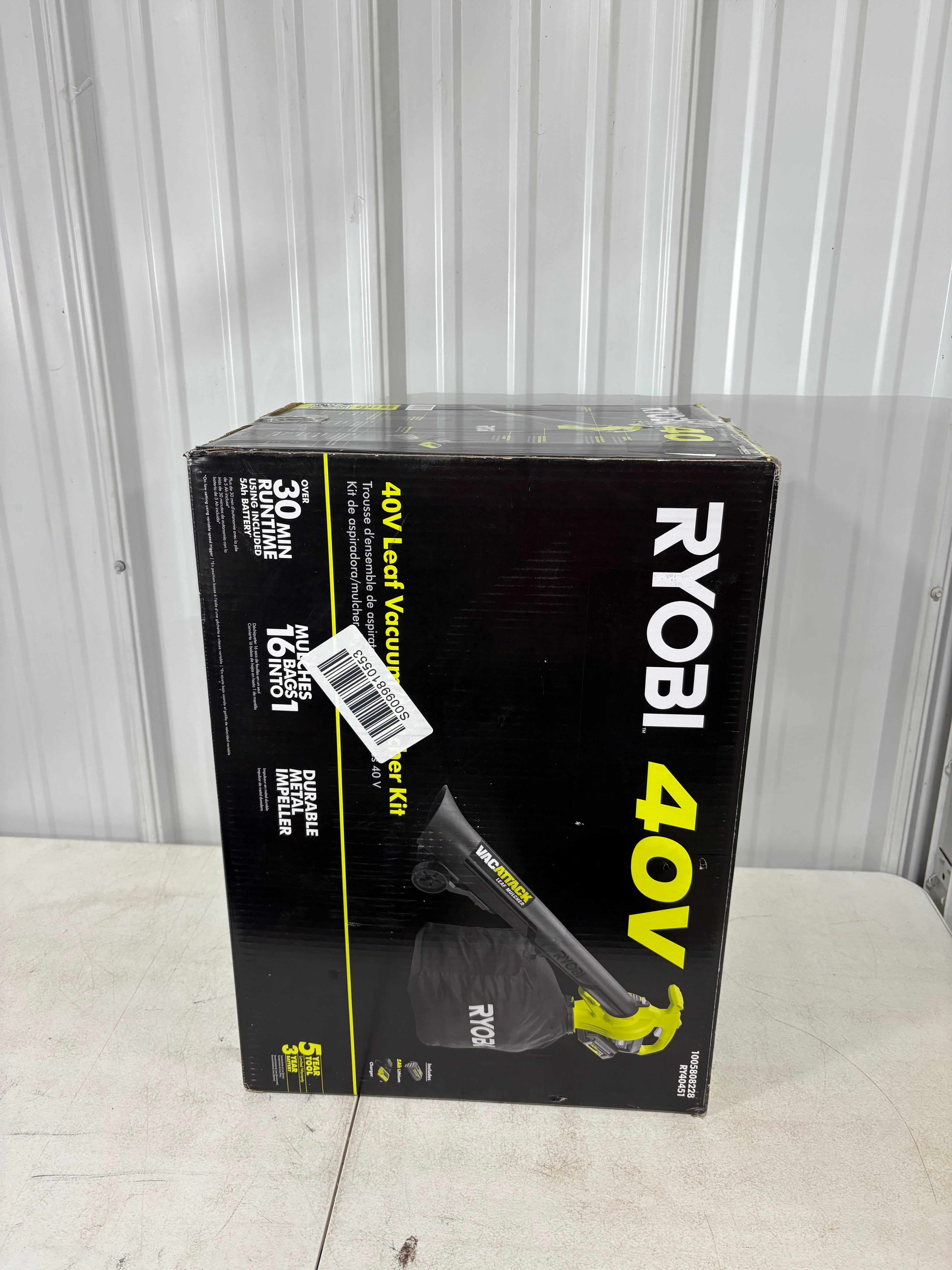 Lightly Used RYOBI 40V Vac Attack Cordless Leaf Vacuum/Mulcher with 5.0 Ah Battery and Charger