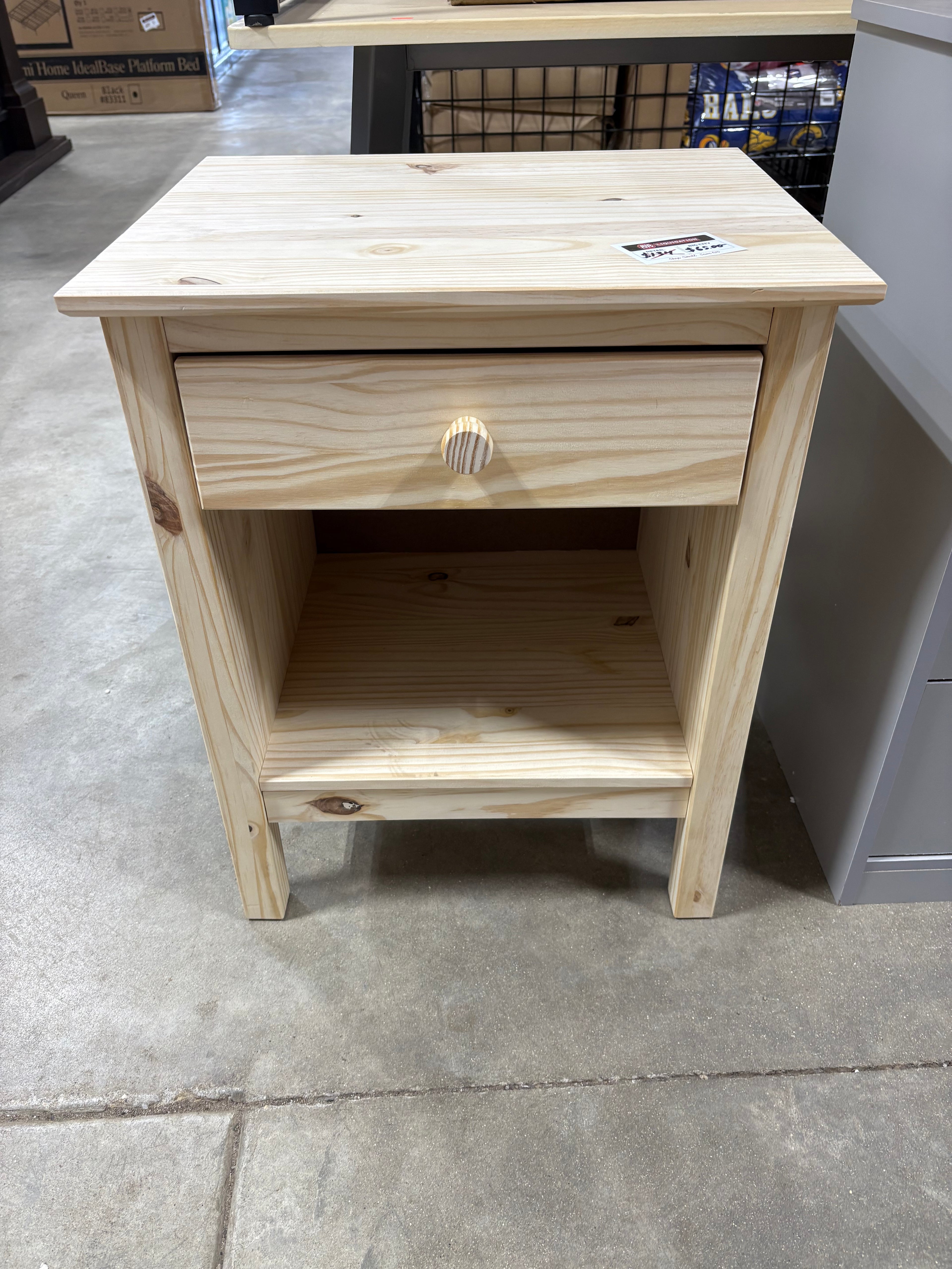 Brand new and assembled StyleWell 1-Drawer Unfinished Natural Pine Wood Nightstand (25 in. H x 20 in. W x 16.5 in. D)