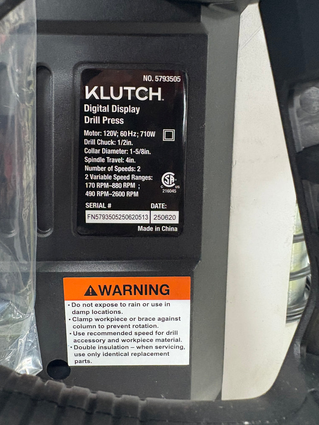 Brand new Klutch Electric Drill Press with Digital Display + Laser Guide, Variable Speed, 1 HP, 120 Volts