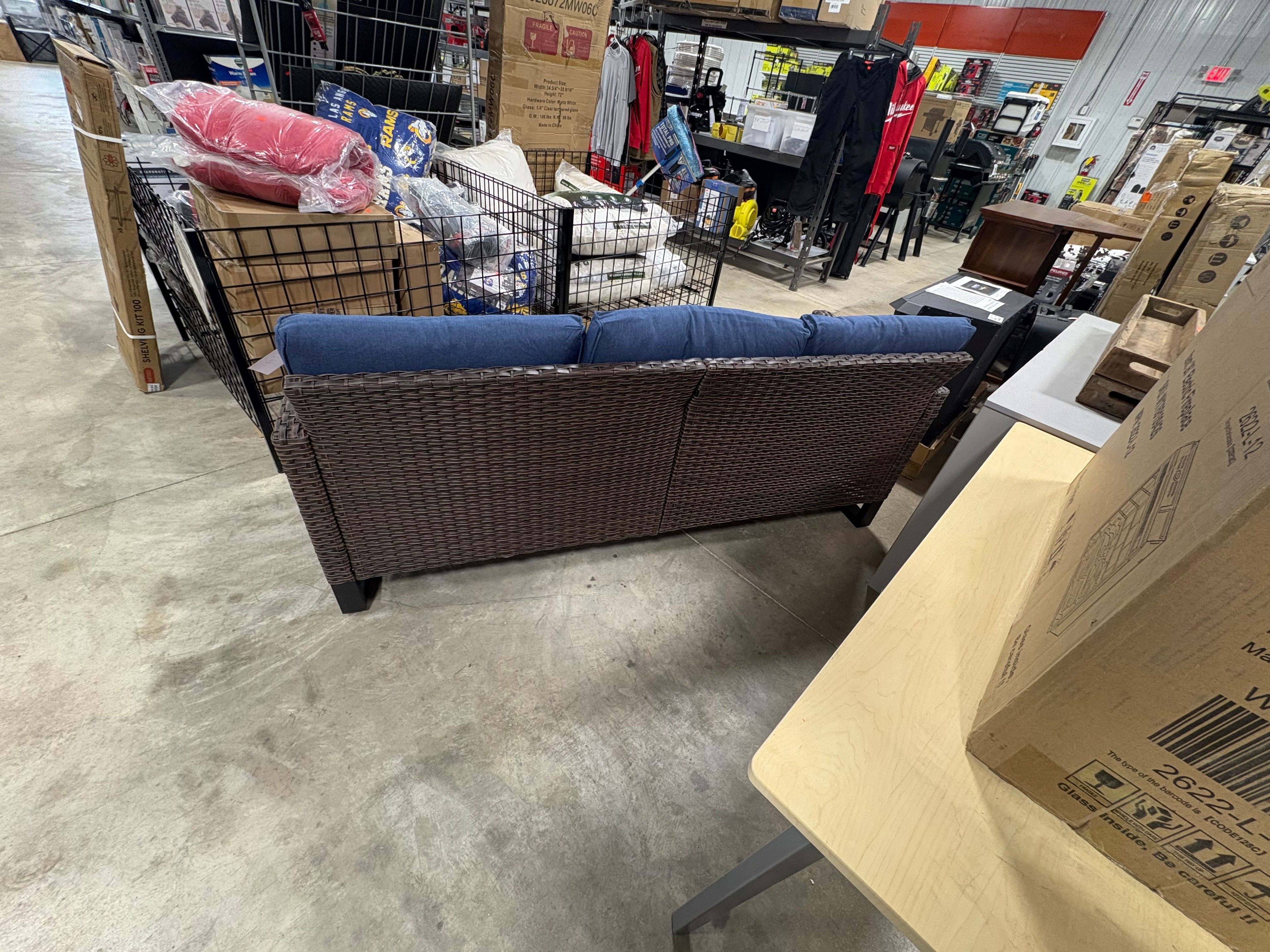 Brand new 3-Seat Wicker Outdoor Patio Sofa Couch with Deep Seating and Cushions (Brown/Blue)