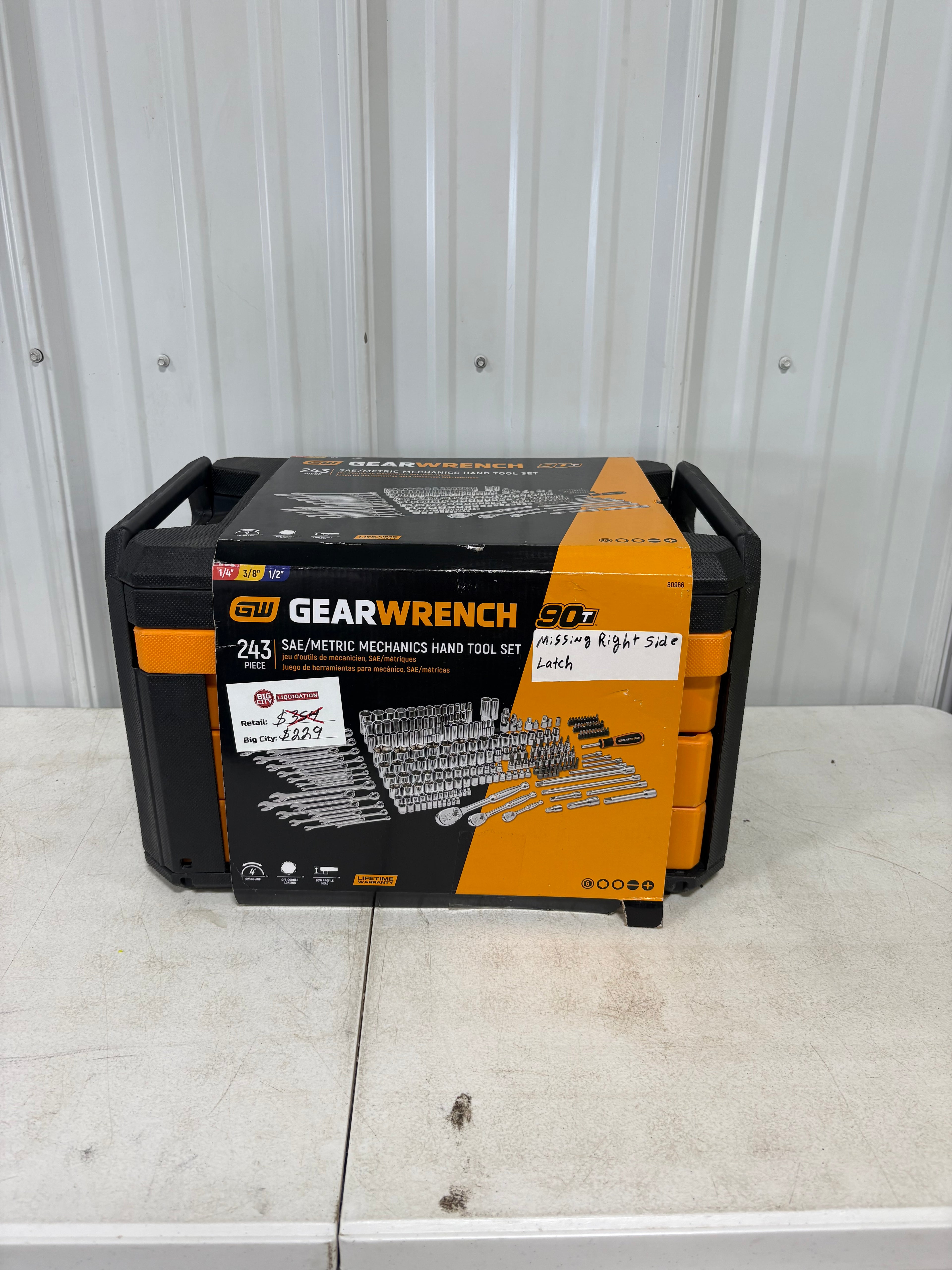 Brand new GEARWRENCH 243-Piece SAE/Metric Mechanics Tool Set with Tool Box. Right latch missing.