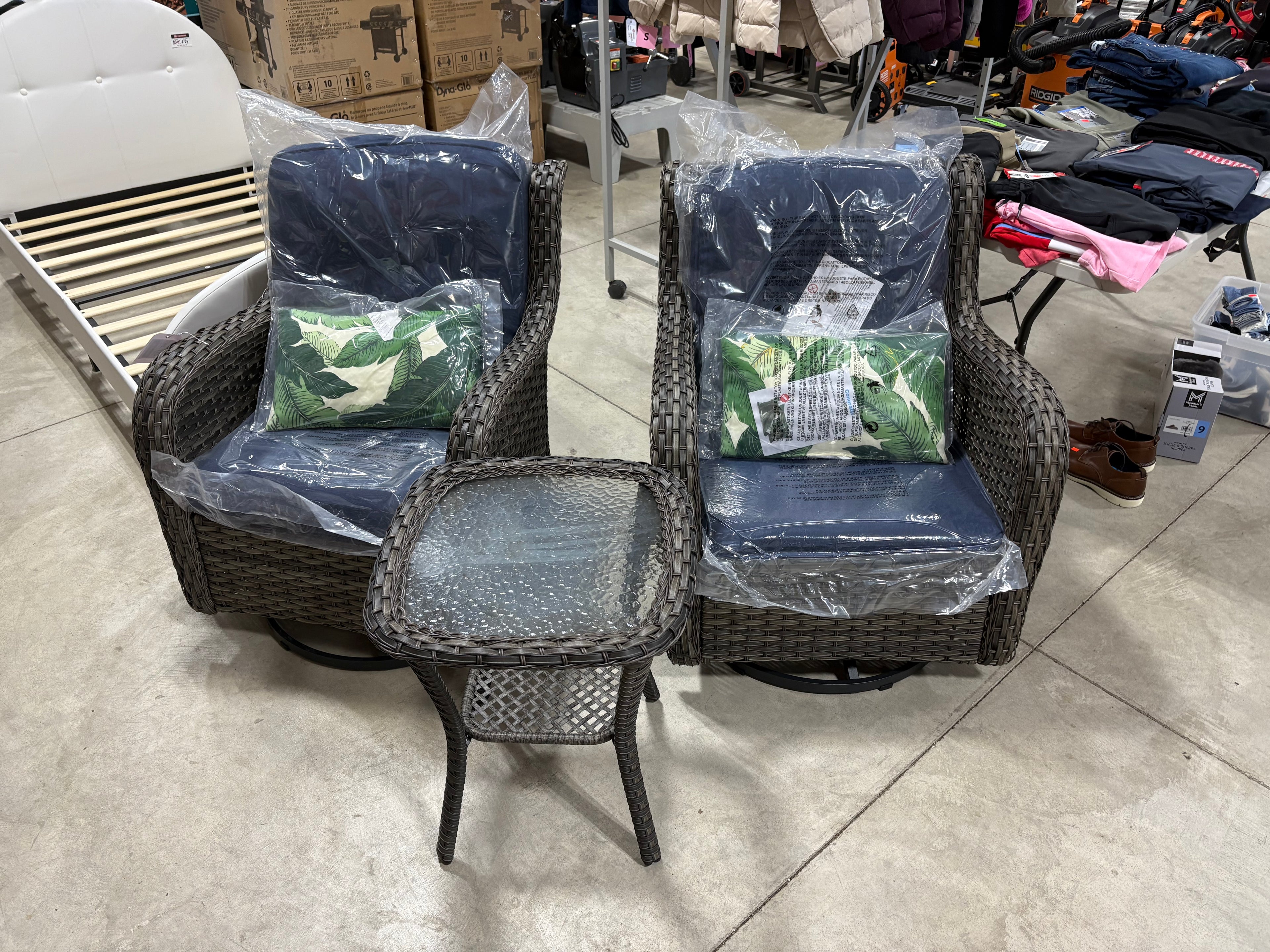 Brand new JOYSIDE 3-Piece Wicker Swivel Outdoor Rocking Chairs Patio Conversation Set with Blue Cushions
