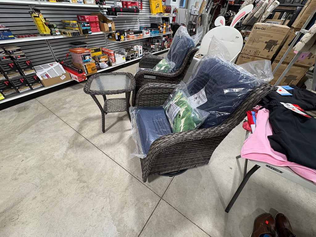 Brand new JOYSIDE 3-Piece Wicker Swivel Outdoor Rocking Chairs Patio Conversation Set with Blue Cushions