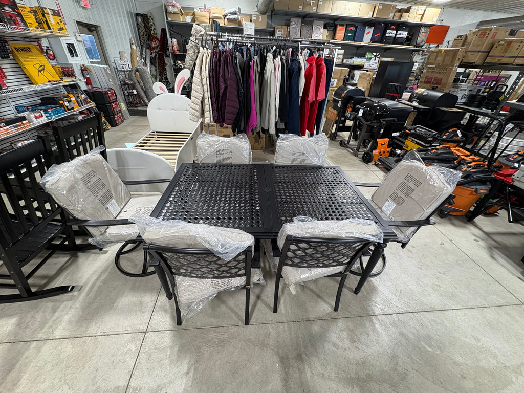 Brand new and fully assembled Hampton Bay Laurel Oaks 7-Piece Dark Brown Steel Outdoor Patio Dining Set with Cushion Guard Putty Cushions