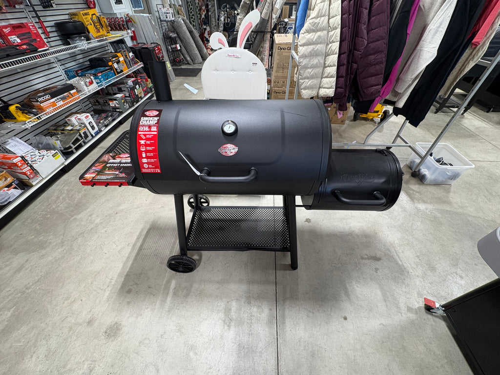 Brand new and Fully Assembled Char-Griller Smokin' Champ Charcoal Grill Offset Smoker in Black with Charcoal Tray and Dual Damper Controls