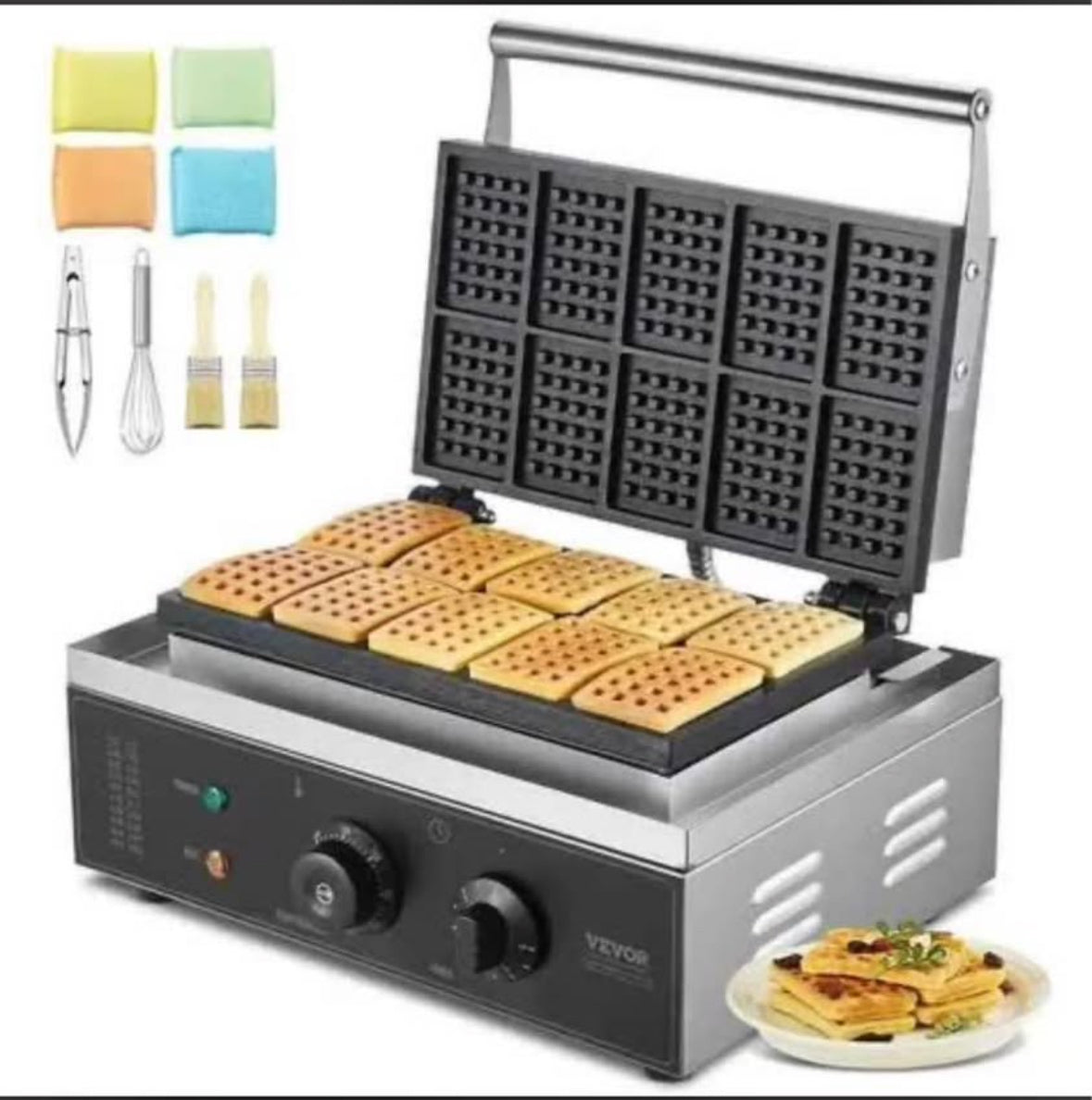 VEVOR Commercial Waffle Maker 1550 W 10-Waffle Silver Waffle Cone Waffle Maker Non-Stick Stainless Steel Belgian Waffle Iron