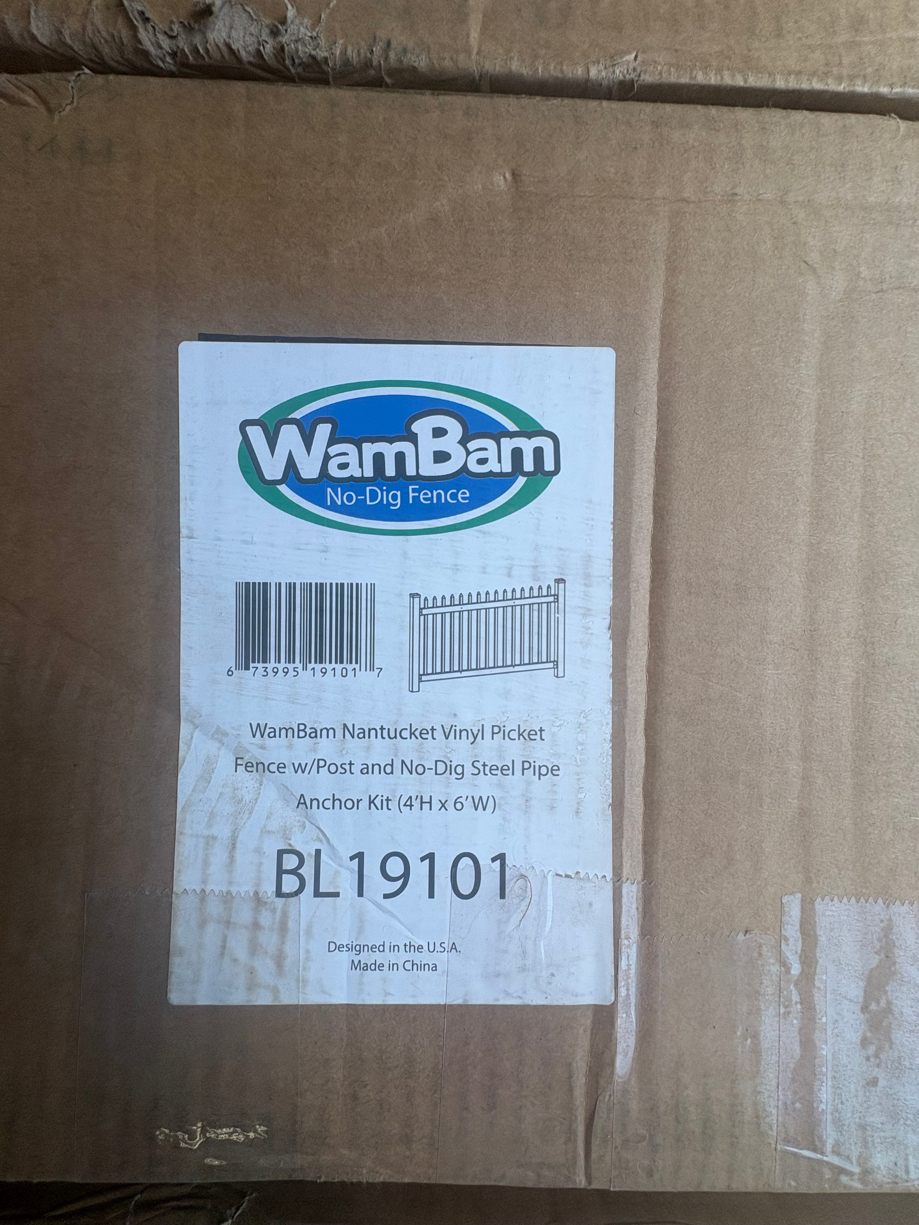 Brand new Wam Bam 4ft H x 6ft W (1 Panel + 1 Post) No Dig Nantucket Fence Kit, White Vinyl Picket Fence Panel, BL19101