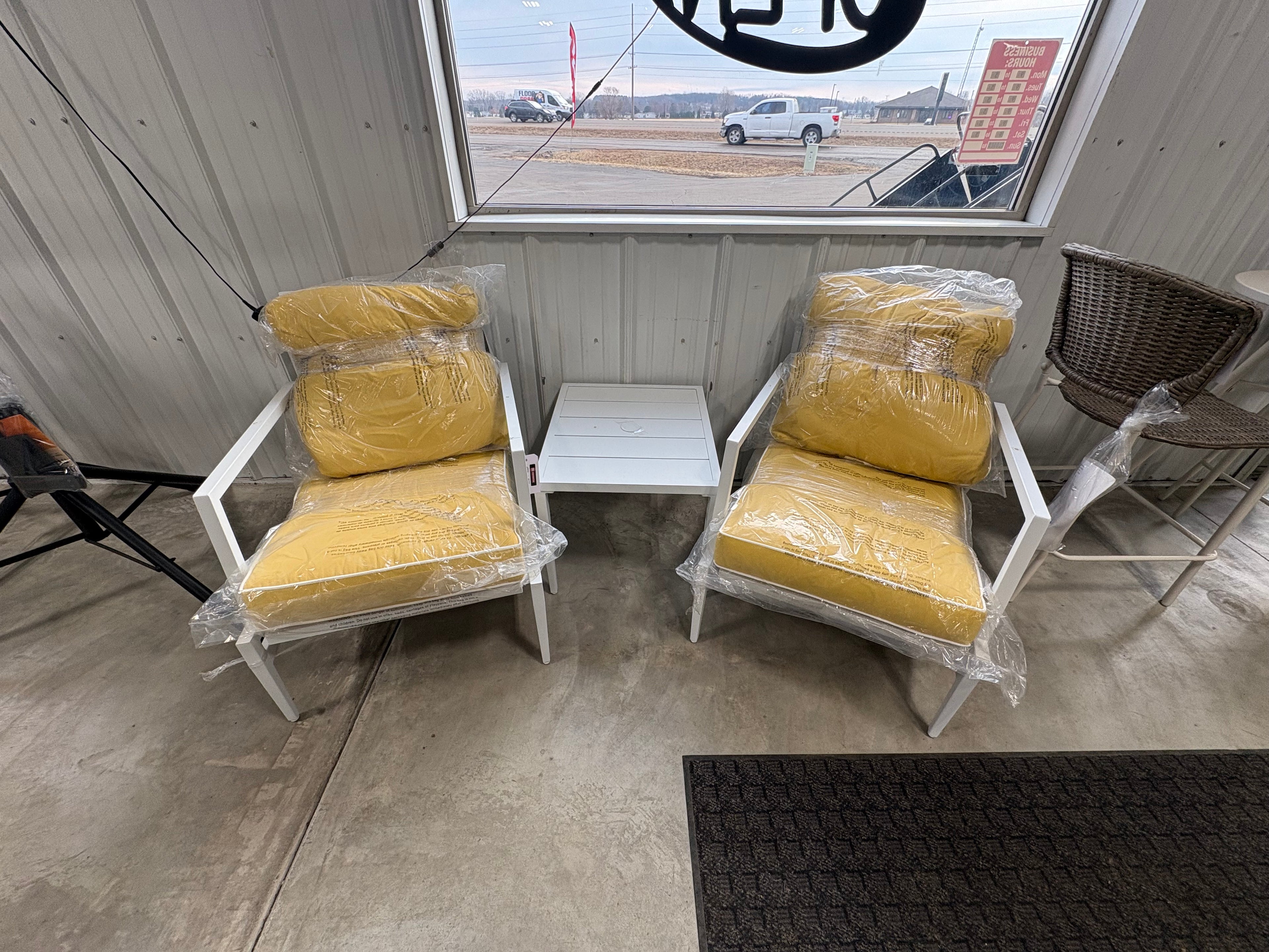 Brand new and fully assembled Hampton Bay Willow Cay White 3-Piece Steel Outdoor Conversation Set with CushionGuard Yellow Cushions