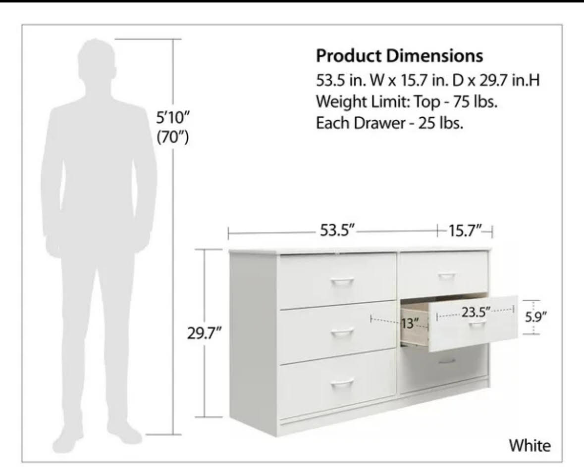 Brand new and fully assembled Mainstays DW65830 CLassic 6 Drawer Dresser-Gray